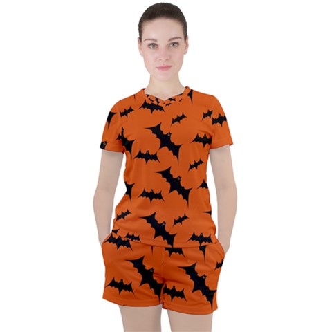 Halloween Card With Bats Flying Pattern Women s T-shirt And Shorts Set by Hannah976