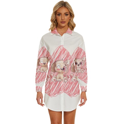 Dog Cat Animal Pet Heart Love Womens Long Sleeve Shirt Dress by Sarkoni