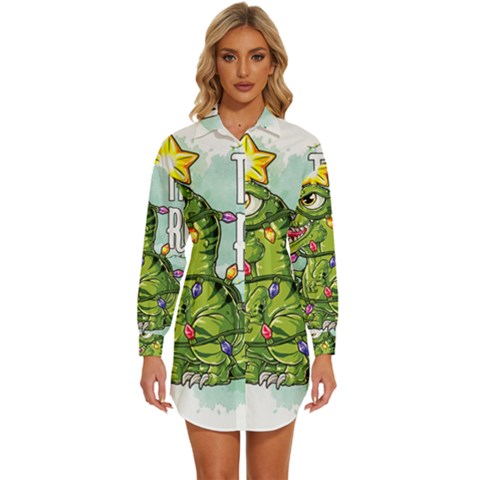 Dinosaur T-rex Dino Tyrannasaurus Womens Long Sleeve Shirt Dress by Sarkoni