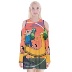 Finn And Jake Adventure Time Bmo Cartoon Velvet Long Sleeve Shoulder Cutout Dress by Bedest