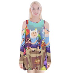 Cartoon Adventure Time Finn Princess Bubblegum Lumpy Space Velvet Long Sleeve Shoulder Cutout Dress by Bedest