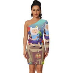 Cartoon Adventure Time Finn Princess Bubblegum Lumpy Space Long Sleeve One Shoulder Mini Dress by Bedest