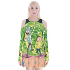 Rick And Morty Adventure Time Cartoon Velvet Long Sleeve Shoulder Cutout Dress by Bedest