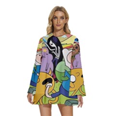 Adventure Time Finn  Jake Round Neck Long Sleeve Bohemian Style Chiffon Mini Dress by Bedest