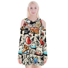 Comical Words Animals Comic Omics Crazy Graffiti Velvet Long Sleeve Shoulder Cutout Dress by Bedest