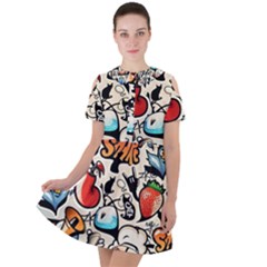 Comical Words Animals Comic Omics Crazy Graffiti Short Sleeve Shoulder Cut Out Dress  by Bedest