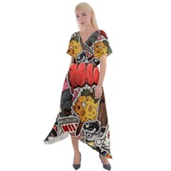 Stickerbomb Crazy Graffiti Graphite Monster Cross Front Sharkbite Hem Maxi Dress by Bedest