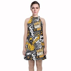 Boom Bang Art Crazy Drawing Graffiti Hello Retro Sayings Yellow Velvet Halter Neckline Dress  by Bedest