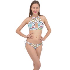 Seamless Pattern Vector With Funny Robots Cartoon Cross Front Halter Bikini Set by Hannah976