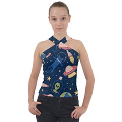 Seamless Pattern With Funny Aliens Cat Galaxy Cross Neck Velour Top by Hannah976