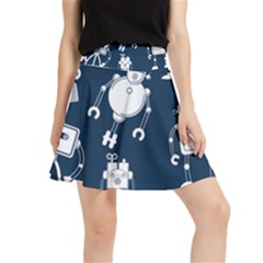 White Robot Blue Seamless Pattern Waistband Skirt by Hannah976