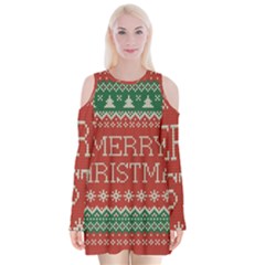 Merry Christmas  Pattern Velvet Long Sleeve Shoulder Cutout Dress by artworkshop