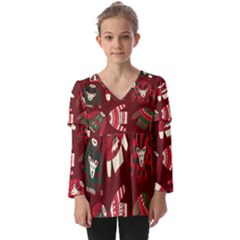 Ugly Sweater Wrapping Paper Kids  V Neck Casual Top by artworkshop