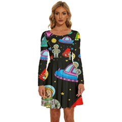 Seamless Pattern With Space Objects Ufo Rockets Aliens Hand Drawn Elements Space Long Sleeve Wide Neck Velvet Dress by Hannah976