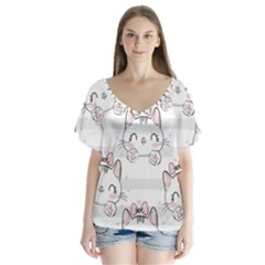 Cat With Bow Pattern V-neck Flutter Sleeve Top by Hannah976