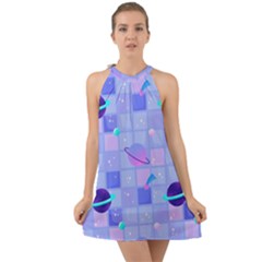 Seamless Pattern Pastel Galaxy Future Halter Tie Back Chiffon Dress by Hannah976