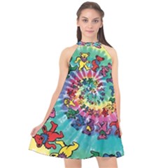 Grateful Dead Bears Tie Dye Vibrant Spiral Halter Neckline Chiffon Dress  by Bedest