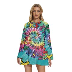 Grateful Dead Artsy Round Neck Long Sleeve Bohemian Style Chiffon Mini Dress by Bedest