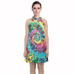 Grateful Dead Bears Tie Dye Vibrant Spiral Velvet Halter Neckline Dress  by Bedest