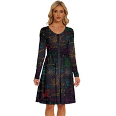 Mathematical Colorful Formulas Drawn By Hand Black Chalkboard Long Sleeve Dress With Pocket by Ravend