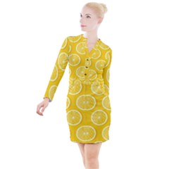 Lemon Fruits Slice Seamless Pattern Button Long Sleeve Dress by Ravend