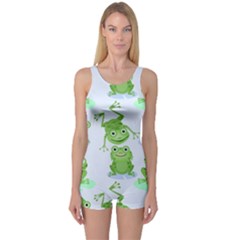 Cute Green Frogs Seamless Pattern One Piece Boyleg Swimsuit by Ravend