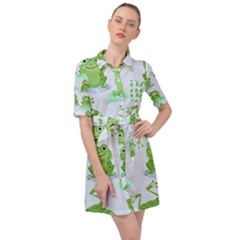 Cute Green Frogs Seamless Pattern Belted Shirt Dress by Ravend