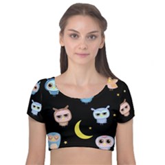 Cute Art Print Pattern Velvet Short Sleeve Crop Top  by Apen