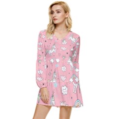 Cute Unicorn Seamless Pattern Tiered Long Sleeve Mini Dress by Apen