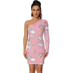 Cute Unicorn Seamless Pattern Long Sleeve One Shoulder Mini Dress by Apen