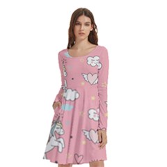 Cute Unicorn Seamless Pattern Long Sleeve Knee Length Skater Dress With Pockets by Apen