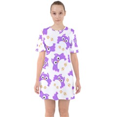 Purple Owl Pattern Background Sixties Short Sleeve Mini Dress by Apen