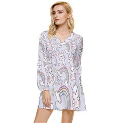 Seamless Pattern With Cute Rabbit Character Tiered Long Sleeve Mini Dress by Apen