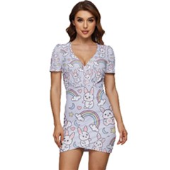 Seamless Pattern With Cute Rabbit Character Low Cut Cap Sleeve Mini Dress by Apen