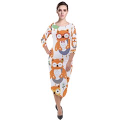 Cute Colorful Owl Cartoon Seamless Pattern Quarter Sleeve Midi Velour Bodycon Dress by Apen