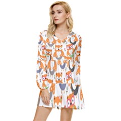 Cute Colorful Owl Cartoon Seamless Pattern Tiered Long Sleeve Mini Dress by Apen