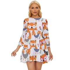 Cute Colorful Owl Cartoon Seamless Pattern Long Sleeve Babydoll Dress by Apen