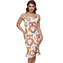 Cute Colorful Owl Cartoon Seamless Pattern Off Shoulder Ruffle Split Hem Bodycon Dress View1