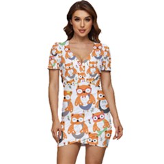 Cute Colorful Owl Cartoon Seamless Pattern Low Cut Cap Sleeve Mini Dress by Apen