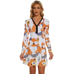 Cute Colorful Owl Cartoon Seamless Pattern Long Sleeve Deep V Mini Dress  by Apen