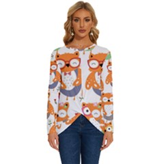 Cute Colorful Owl Cartoon Seamless Pattern Long Sleeve Crew Neck Pullover Top by Apen