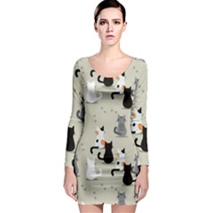 Cute Cat Seamless Pattern Long Sleeve Bodycon Dress by Ravend