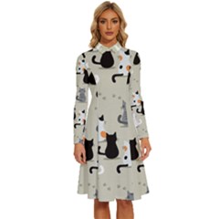 Cute Cat Seamless Pattern Long Sleeve Shirt Collar A-line Dress by Ravend