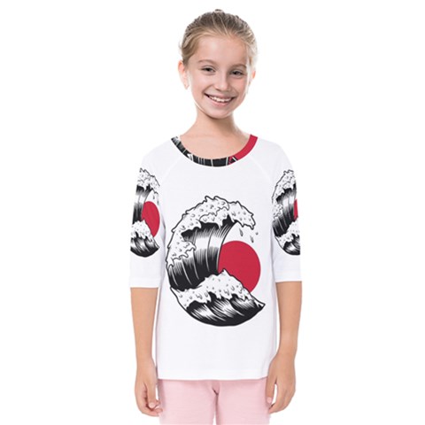 Japanese Sun & Wave Kids  Quarter Sleeve Raglan T-shirt by Cendanart