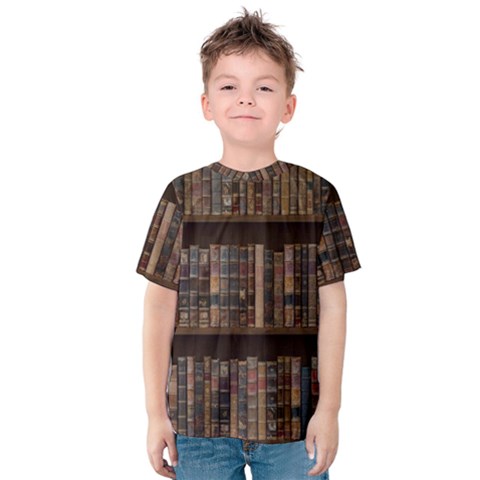 Old Bookshelf Orderly Antique Books Kids  Cotton T-shirt by Cendanart