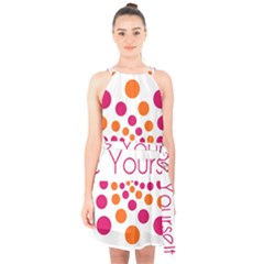 Be Yourself Pink Orange Dots Circular Halter Collar Waist Tie Chiffon Dress by Ket1n9