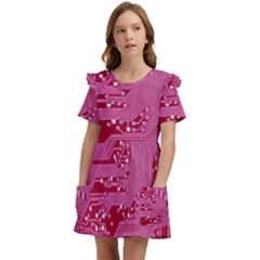 Pink Circuit Pattern Kids  Frilly Sleeves Pocket Dress by Ket1n9