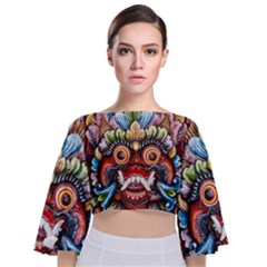 Wood Sculpture Bali Logo Tie Back Butterfly Sleeve Chiffon Top by Ket1n9