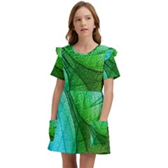 Sunlight Filtering Through Transparent Leaves Green Blue Kids  Frilly Sleeves Pocket Dress by Ket1n9