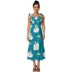 Elegant Swan Pattern With Water Lily Flowers Tie-strap Tiered Midi Chiffon Dress by Ket1n9